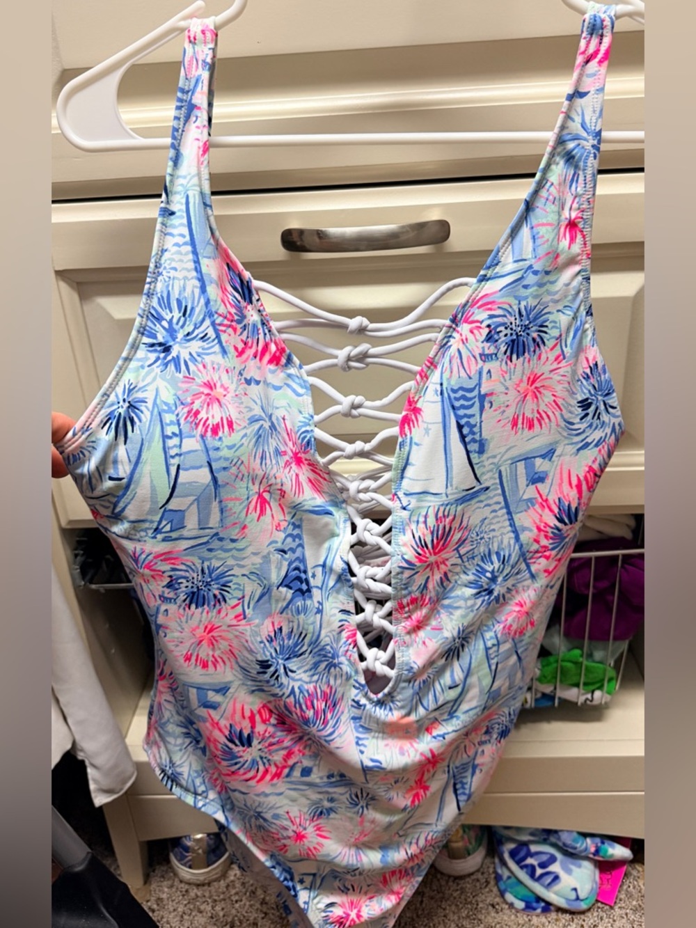 Lilly Pulitzer Pink & Blue Floral Lace-Up One-Piece Swimsuit